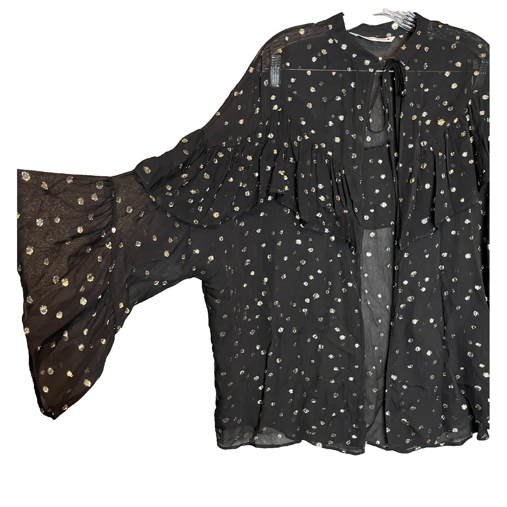 Zara Women Semi Sheer Chiffon Cardigan M/L Swiss Metallic Dots Ruffle Oversized